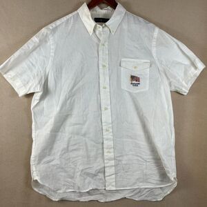 Ralph Lauren Button Down Shirt Men XL TG 100% Linen Oxford‎ USA Flag Embroidery
